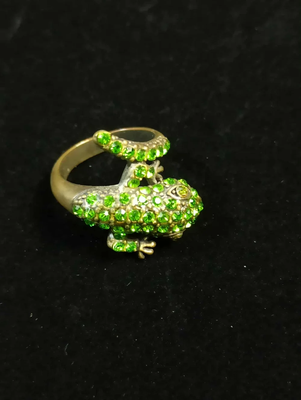 80’s Frog Wrap Ring Green Rhinestone Statement Adjustable Ring Sz.8
